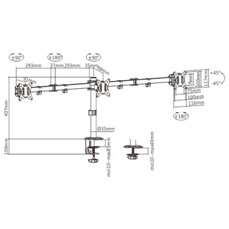 Picture of Gembird Adjustable desk 3-display mounting arm (rotate, tilt, swivel) 17”-27”, up to 7 kg MA-D3-01