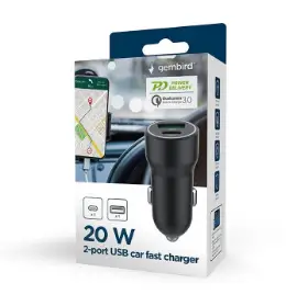 Picture of Gembird 2-port USB car fast charger, Type-C PD, 20 W, black CAR-01