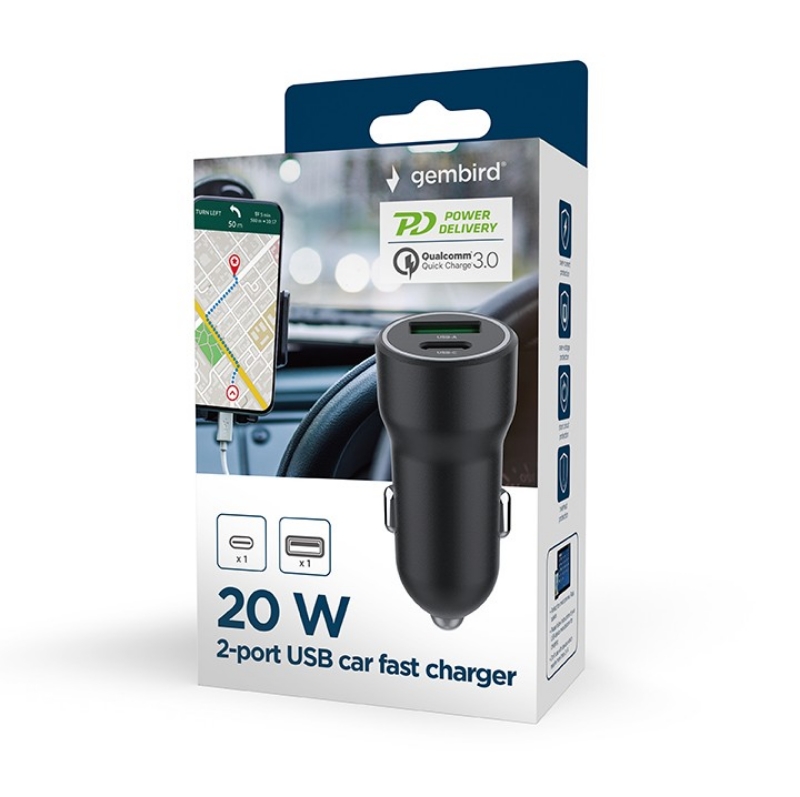 Picture of Gembird 2-port USB car fast charger, Type-C PD, 20 W, black
