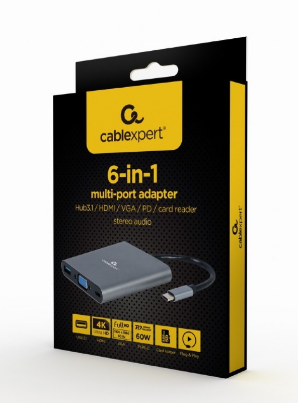 Picture of Gembird USB Type-C 6-in-1 multi-port adapter  (Hub3.1+HDMI+VGA+PD+card reader+stereo audio) A-CM-COMBO6-01