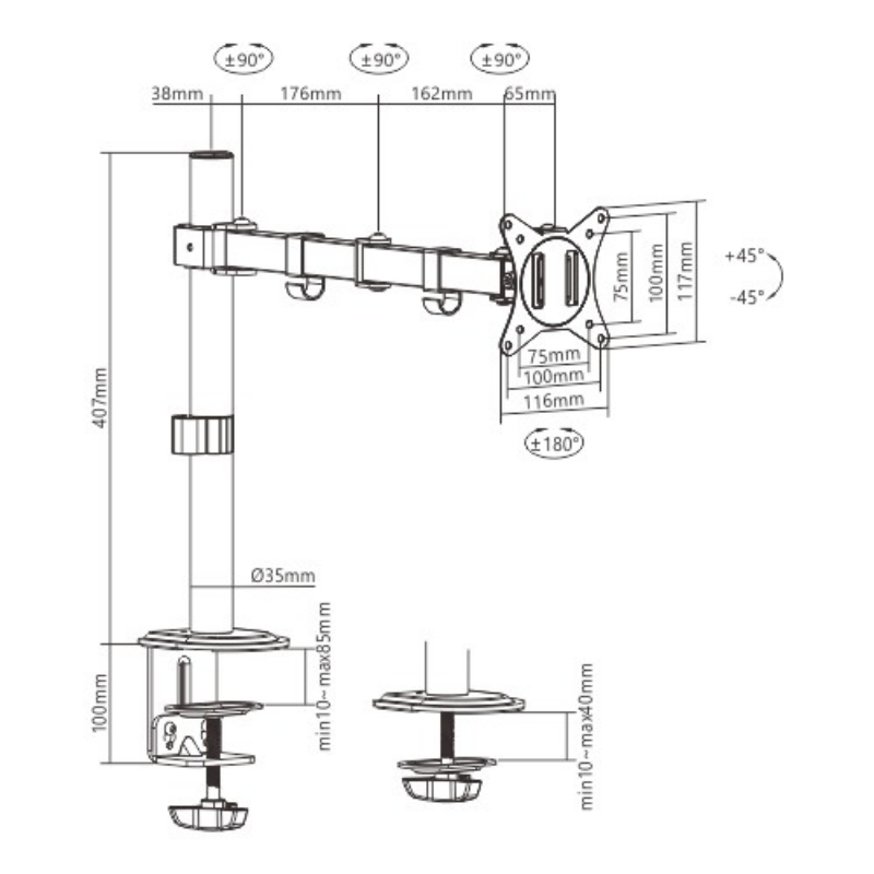 Picture of Gembird Adjustable desk display mounting arm (rotate, tilt, swivel), 17”-32”, up to 9 kg MA-D1-01