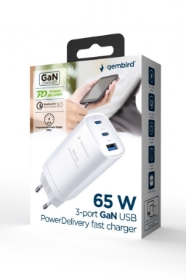 Picture of Gembird 3-port 65 W GaN USB PowerDelivery fast  charger, white TA-UC-PDQC65-01-W