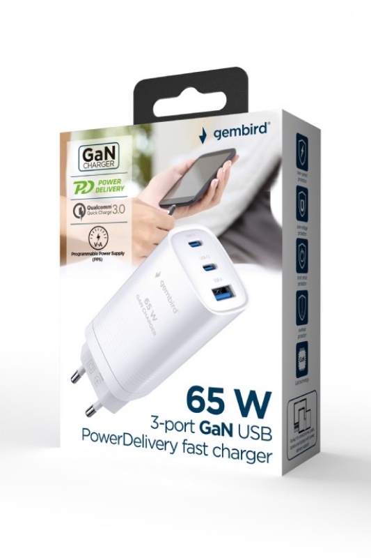 Picture of Gembird 3-port 65 W GaN USB PowerDelivery fast  charger, white TA-UC-PDQC65-01-W