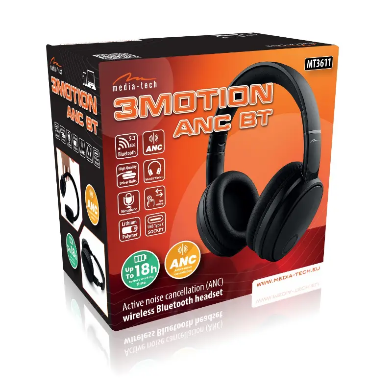 Picture of Mediatech 3MOTION ANC BT Wireless Headphones Active Noise Cancellation (ANC) – Over-ear, Blueto MT3611